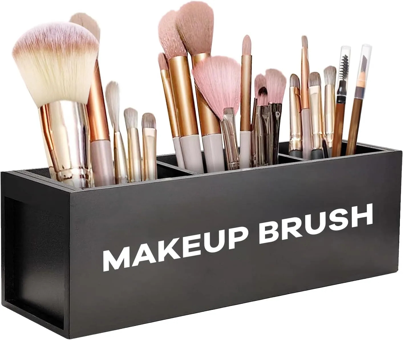 Suli Large Makeup Brush Holder Organizer, Wooden Cosmetic Brushes Storage with 3 Slots, Eyeliners Display Case for Vanity Desktop Bathroom Countertop -Black