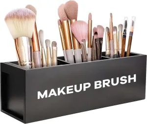 Suli Large Makeup Brush Holder Organizer, Wooden Cosmetic Brushes Storage with 3 Slots, Eyeliners Display Case for Vanity Desktop Bathroom Countertop -Black