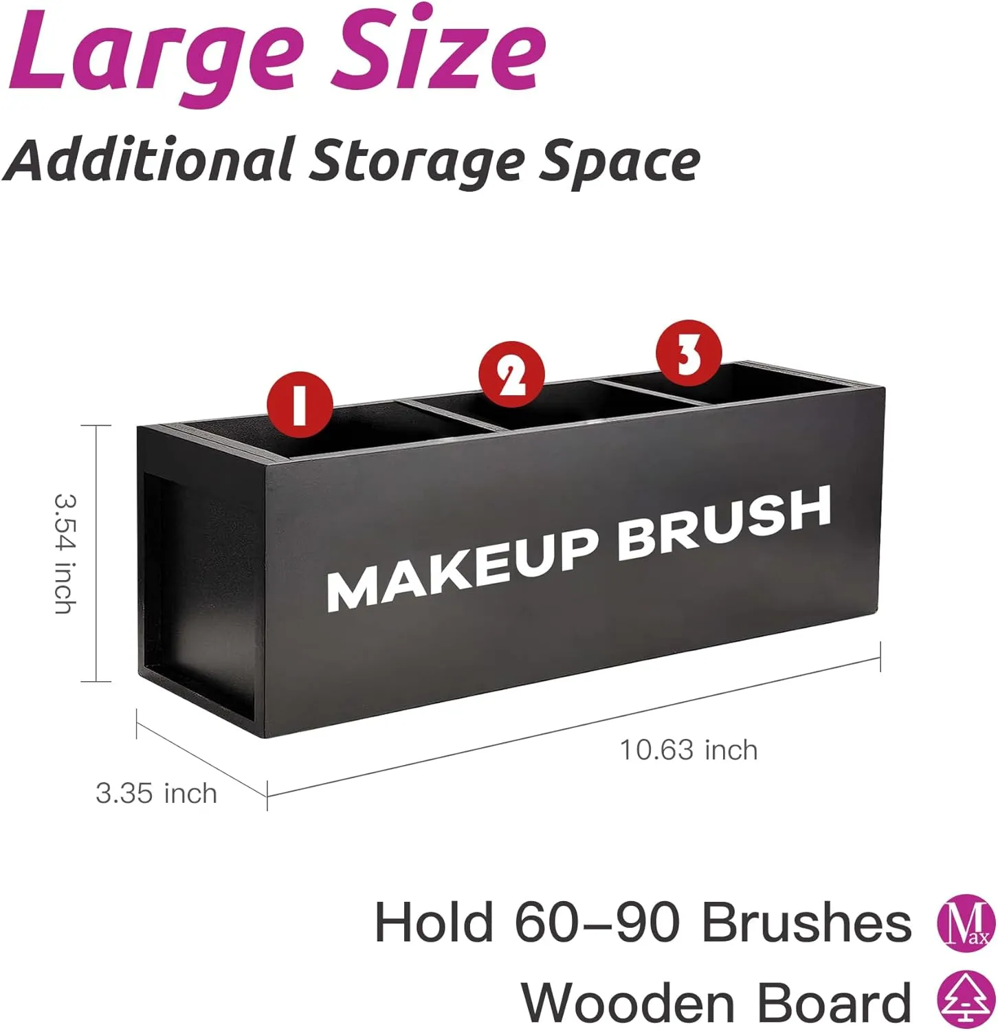 Suli Large Makeup Brush Holder Organizer, Wooden Cosmetic Brushes Storage with 3 Slots, Eyeliners Display Case for Vanity Desktop Bathroom Countertop -Black