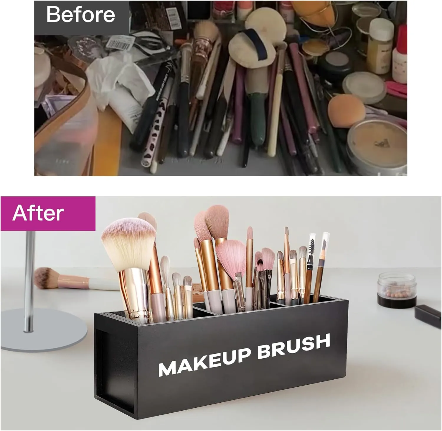 Suli Large Makeup Brush Holder Organizer, Wooden Cosmetic Brushes Storage with 3 Slots, Eyeliners Display Case for Vanity Desktop Bathroom Countertop -Black