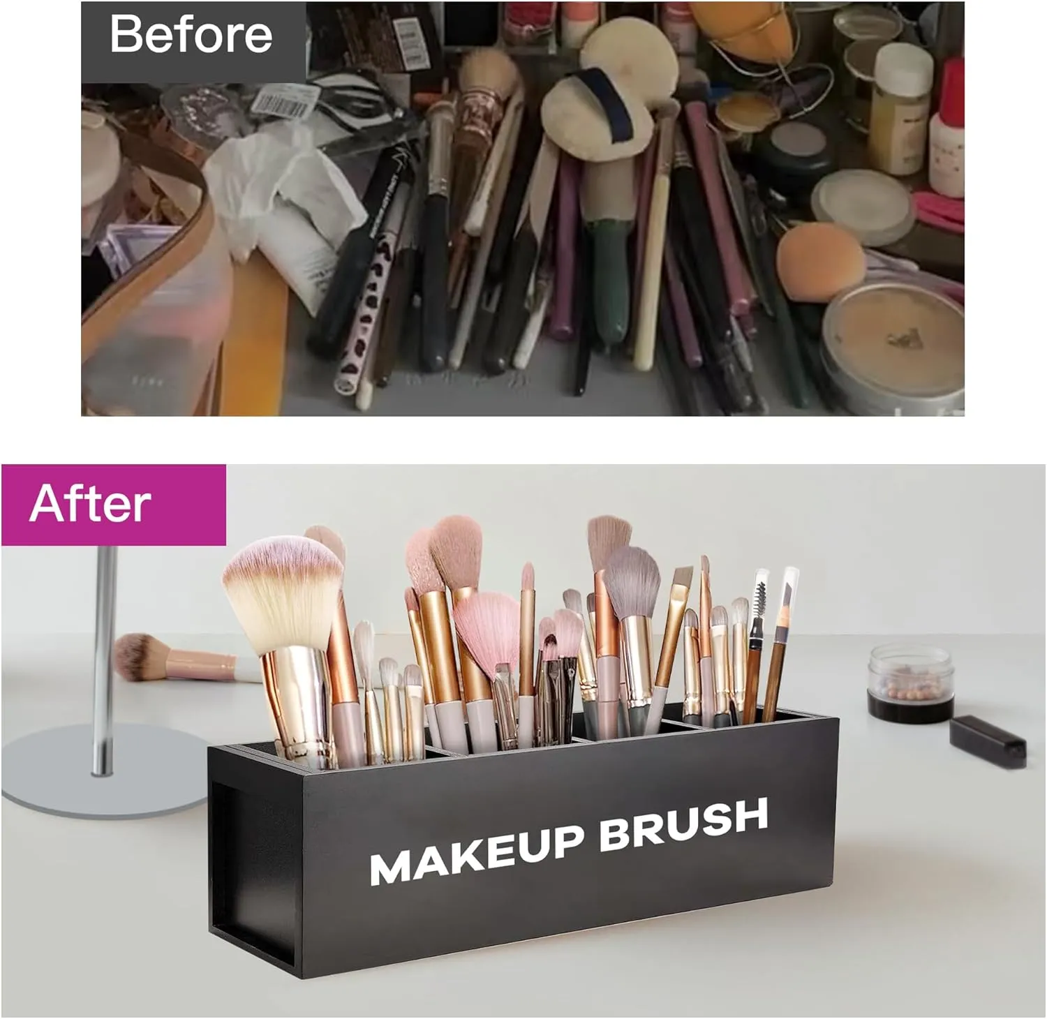 Suli Large Makeup Brush Holder Organizer, Wooden Cosmetic Brushes Storage with 4 Slots, Eyeliners Display Case for Vanity Desktop Bathroom Countertop -Black