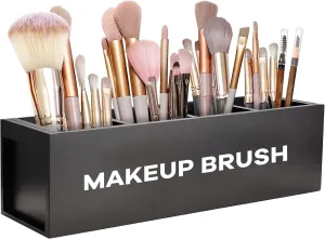 Suli Large Makeup Brush Holder Organizer, Wooden Cosmetic Brushes Storage with 4 Slots, Eyeliners Display Case for Vanity Desktop Bathroom Countertop -Black