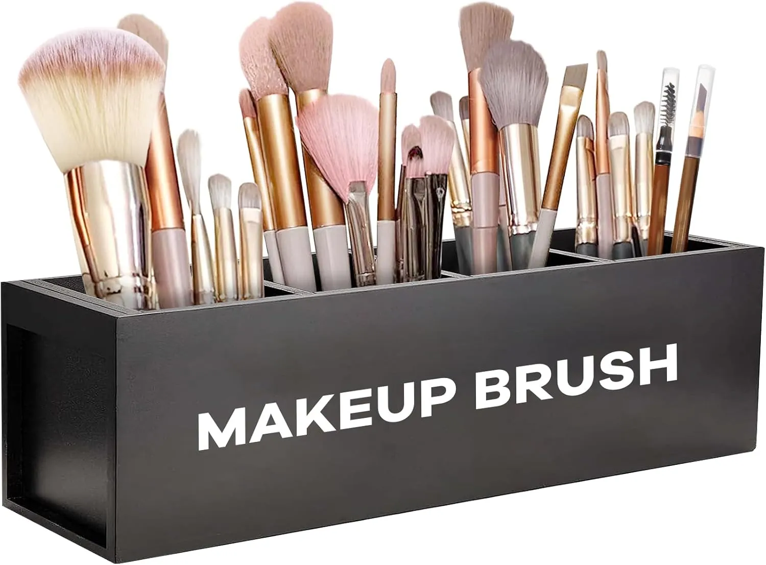 Suli Large Makeup Brush Holder Organizer, Wooden Cosmetic Brushes Storage with 4 Slots, Eyeliners Display Case for Vanity Desktop Bathroom Countertop -Black