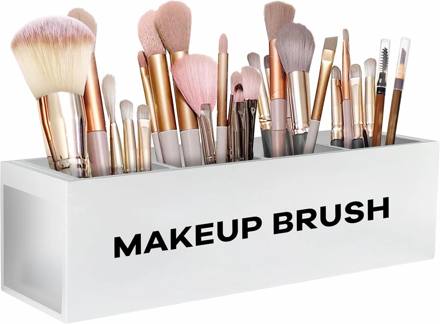 Suli Large Makeup Brush Holder Organizer, Wooden Cosmetic Brushes Storage with 4 Slots, Eyeliners Display Case for Vanity Desktop Bathroom Countertop -White