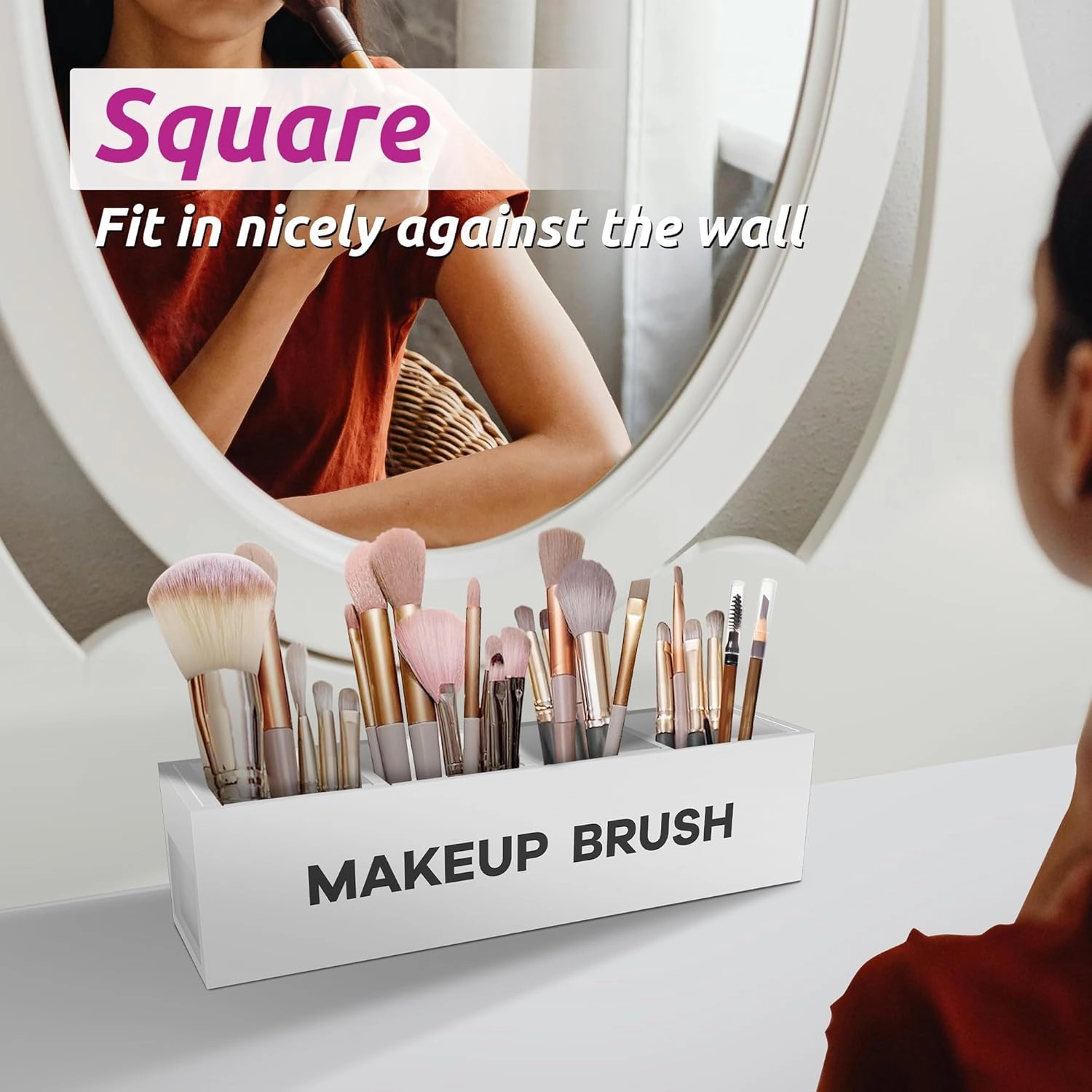 Suli Large Makeup Brush Holder Organizer, Wooden Cosmetic Brushes Storage with 4 Slots, Eyeliners Display Case for Vanity Desktop Bathroom Countertop -White