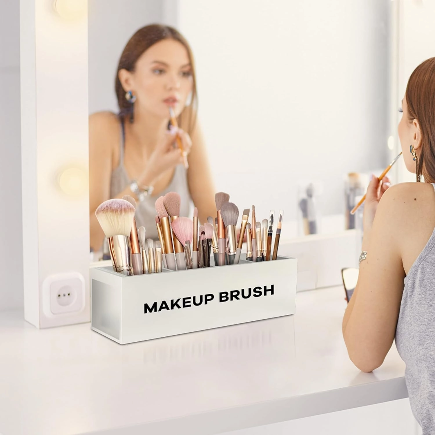 Suli Large Makeup Brush Holder Organizer, Wooden Cosmetic Brushes Storage with 4 Slots, Eyeliners Display Case for Vanity Desktop Bathroom Countertop -White