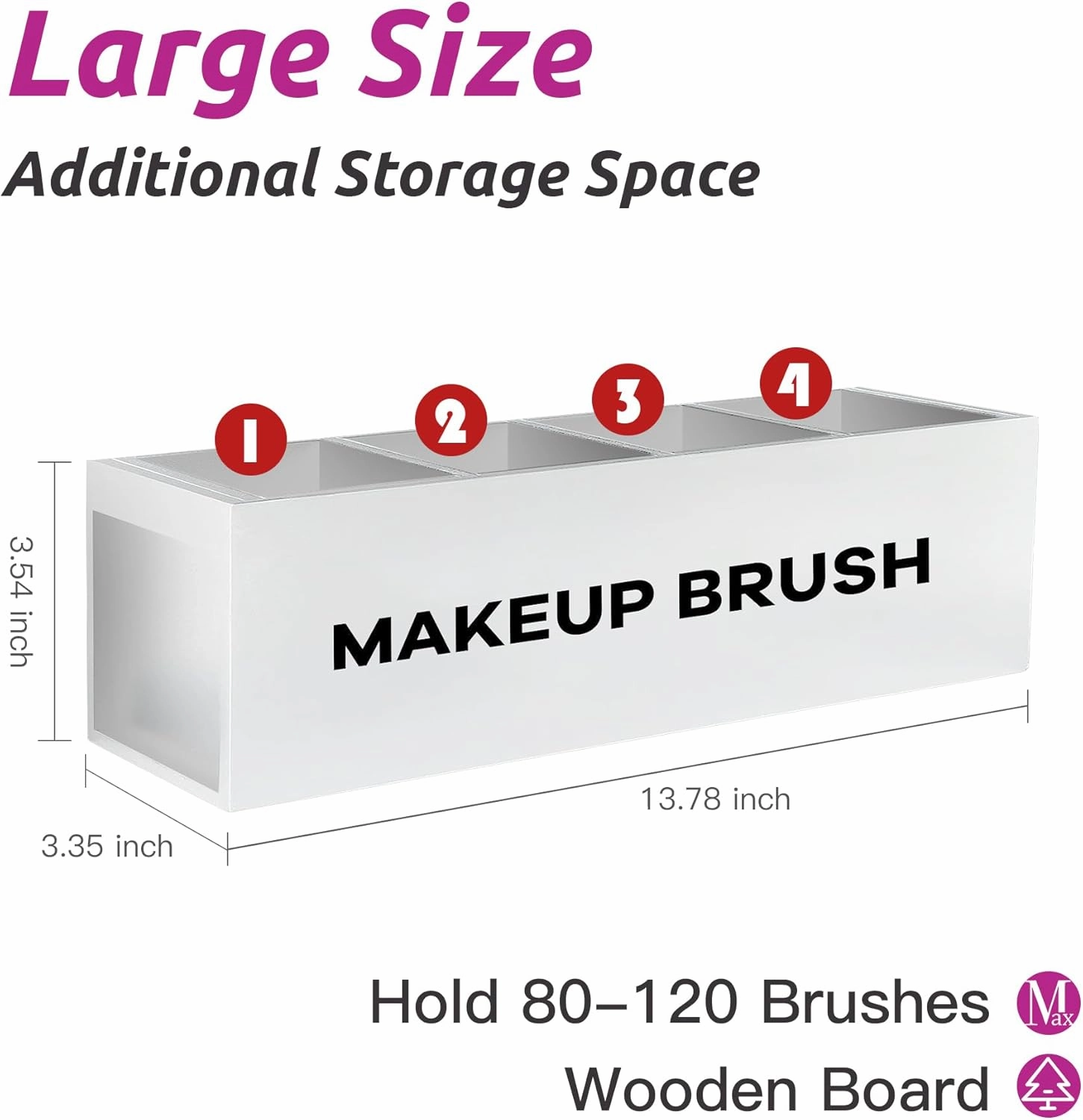 Suli Large Makeup Brush Holder Organizer, Wooden Cosmetic Brushes Storage with 4 Slots, Eyeliners Display Case for Vanity Desktop Bathroom Countertop -White
