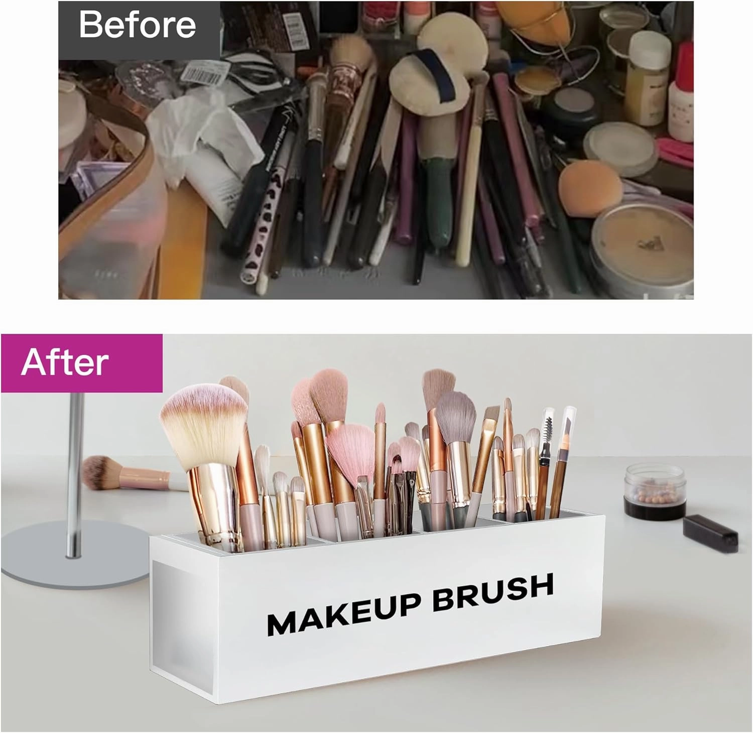 Suli Large Makeup Brush Holder Organizer, Wooden Cosmetic Brushes Storage with 4 Slots, Eyeliners Display Case for Vanity Desktop Bathroom Countertop -White