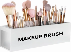 Suli Large Makeup Brush Holder Organizer, Wooden Cosmetic Brushes Storage with 4 Slots, Eyeliners Display Case for Vanity Desktop Bathroom Countertop -White