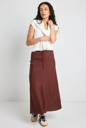Summit Chocolate Linen Blend Tie Waist Bias Maxi Skirt