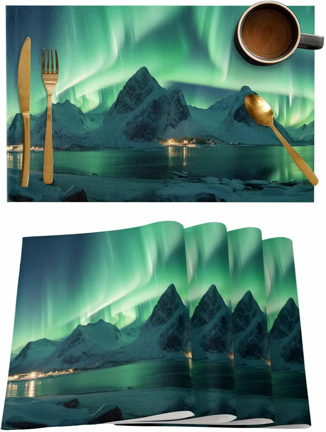 Table Placemats Set of 4, Winter Polar Lights Ice Islands Ocean Scenery Light Green Stain-Proof Burlap Placemats for Kitchen Table, Non-Slip Insulation Table Mats Set 13"x19"