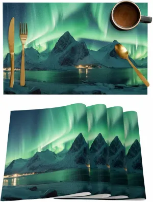 Table Placemats Set of 4, Winter Polar Lights Ice Islands Ocean Scenery Light Green Stain-Proof Burlap Placemats for Kitchen Table, Non-Slip Insulation Table Mats Set 13"x19"