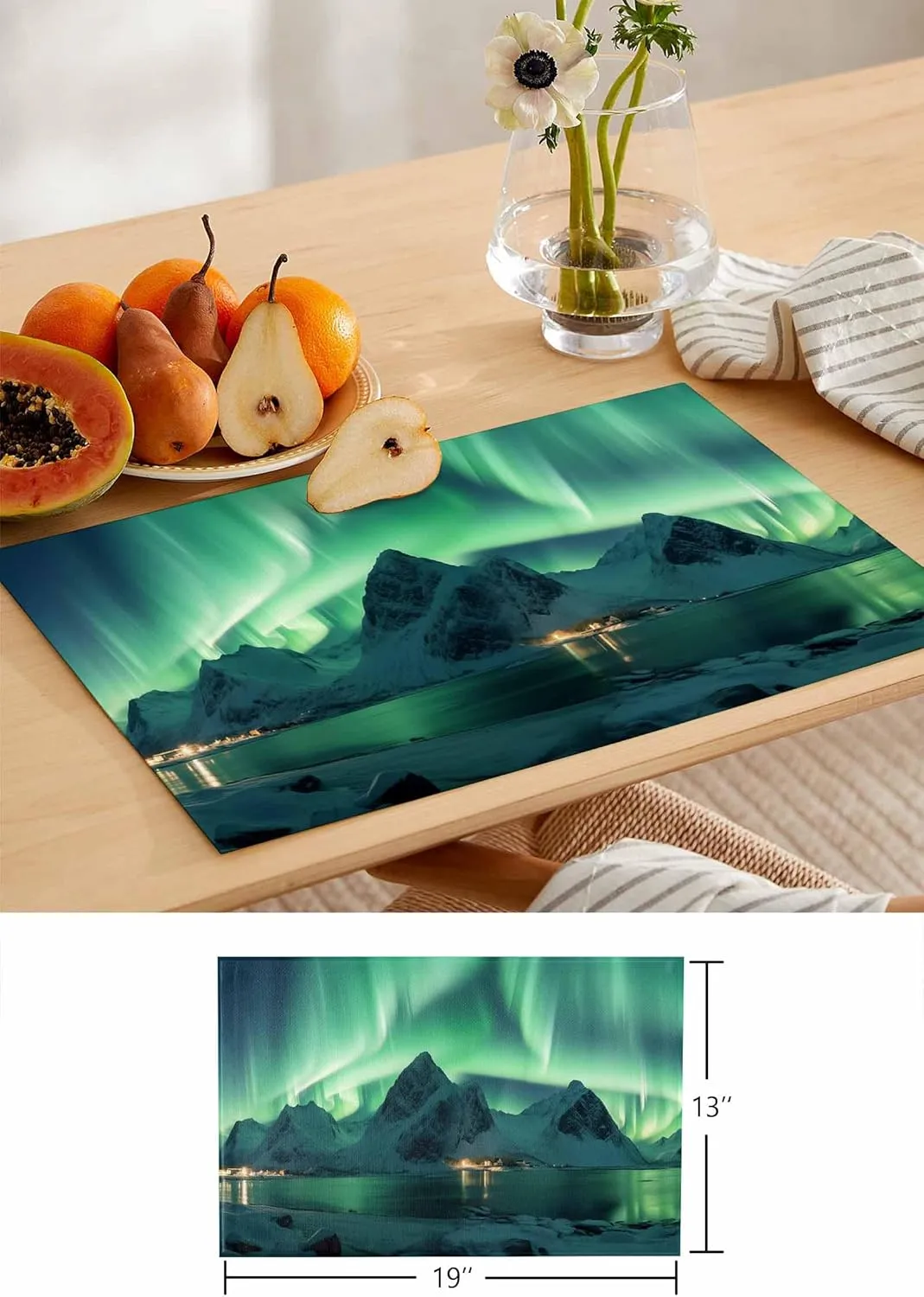 Table Placemats Set of 4, Winter Polar Lights Ice Islands Ocean Scenery Light Green Stain-Proof Burlap Placemats for Kitchen Table, Non-Slip Insulation Table Mats Set 13"x19"