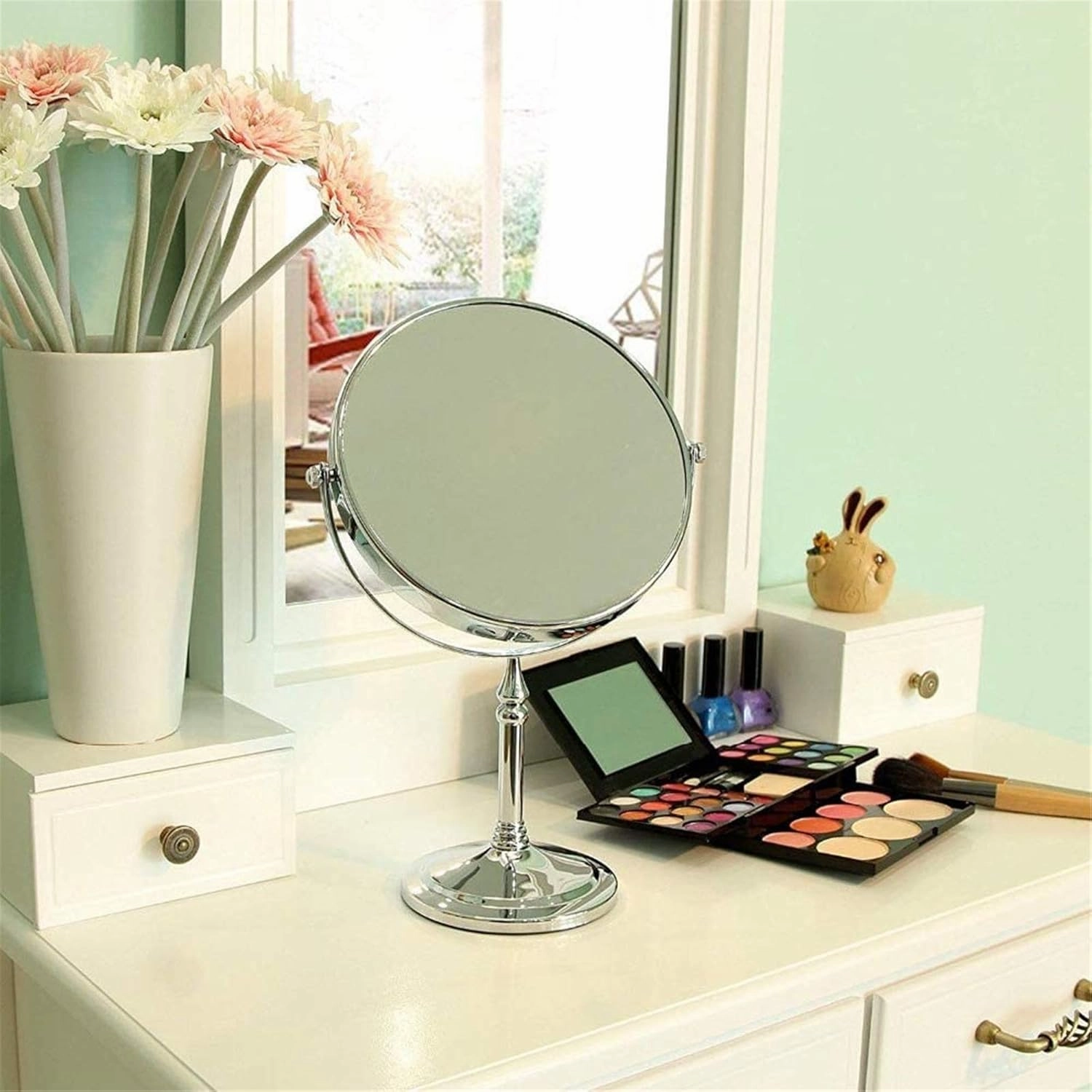 Tabletop Makeup Mirror with Magnification, 8" Double-Sided Vanity Mirror, Round Desktop Cosmetic Mirror for Bathroom,Black,5X