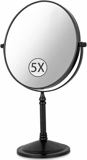 Tabletop Makeup Mirror with Magnification, 8" Double-Sided Vanity Mirror, Round Desktop Cosmetic Mirror for Bathroom,Black,5X