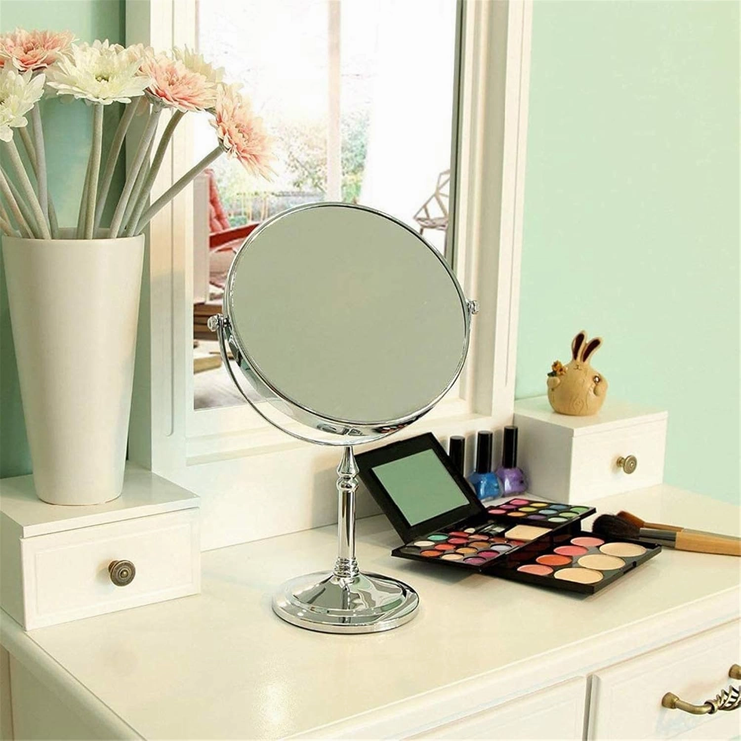Tabletop Makeup Mirror with Magnification, 8" Double-Sided Vanity Mirror, Round Desktop Make Up Mirror for Bathroom Bedroom,Brushed Nickel,7X