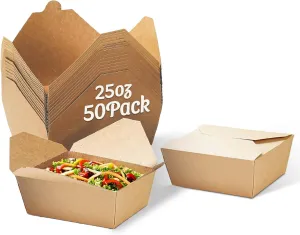 Take Out Food Containers Kraft Brown Paper To Go Box 25oz [50 pack] Microwaveable Food Containers Grease Resist Paper Lunch Box Cardboard Take Out Box for Restaurant & Household & Party