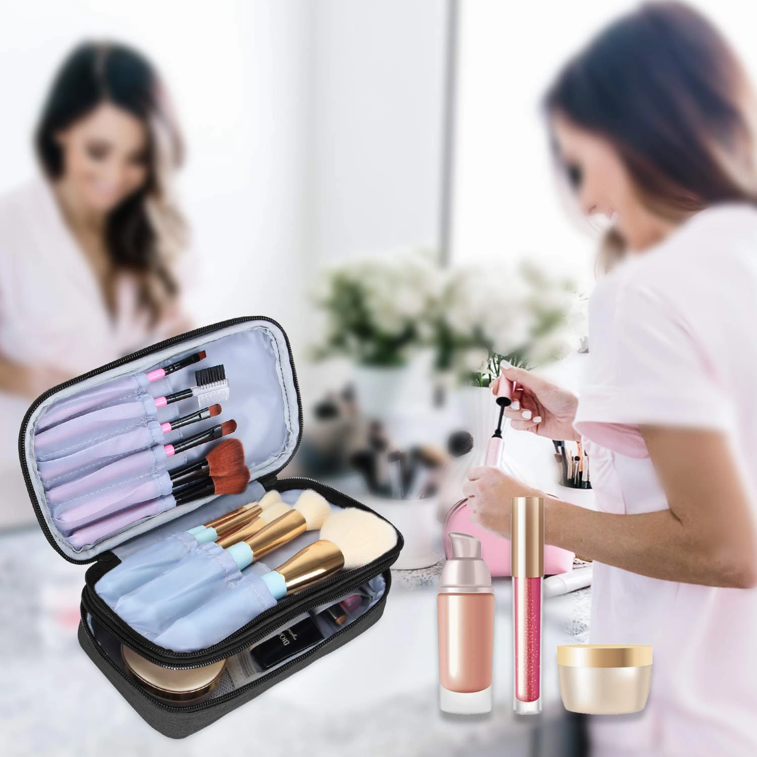Teamoy Travel Makeup Brush Bag(up to 8.5"), Professional Cosmetic Bags Organizer Case with Handle Strap for Makeup Brushes and Beauty Supplies-Small, Black (No Accessories Included)