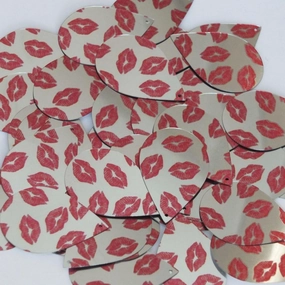 Teardrop Sequin 1.5" Red Lips Kiss Lipstick Print Silver Metallic Paillettes