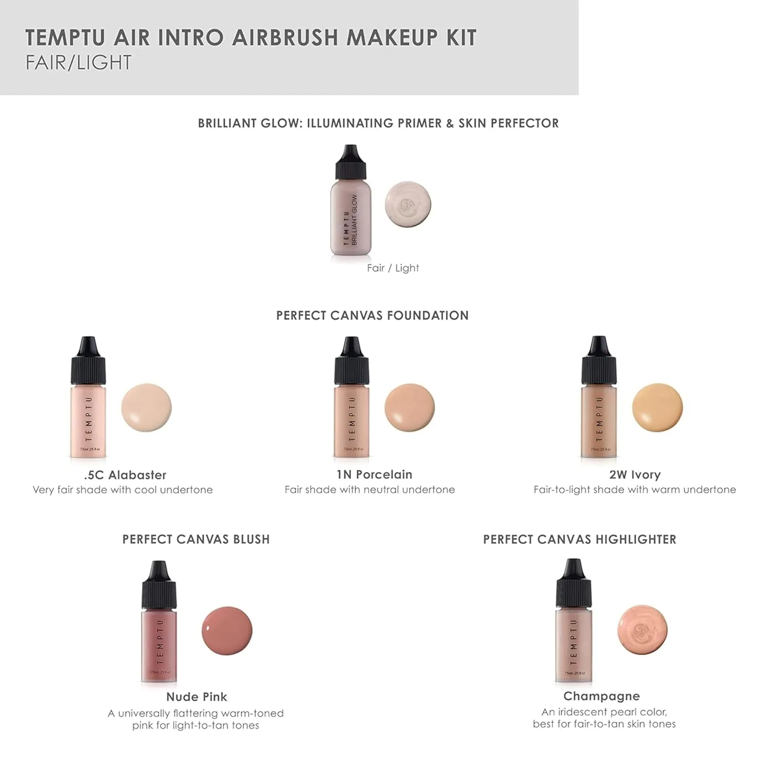 TEMPTU Air Intro Airbrush Makeup Kit: 9-Piece Set Includes Cordless Device, Refillable Makeup Cartridge, 3 Perfect Canvas Semi-Matte Foundations, Primer, Blush, Highlighter & Cleaner, & spare Airpods