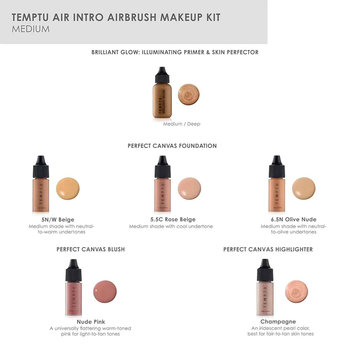 TEMPTU Air Intro Airbrush Makeup Kit: 9-Piece Set Includes Cordless Device, Refillable Makeup Cartridge, 3 Perfect Canvas Semi-Matte Foundations, Primer, Blush, Highlighter & Cleaner, & spare Airpods