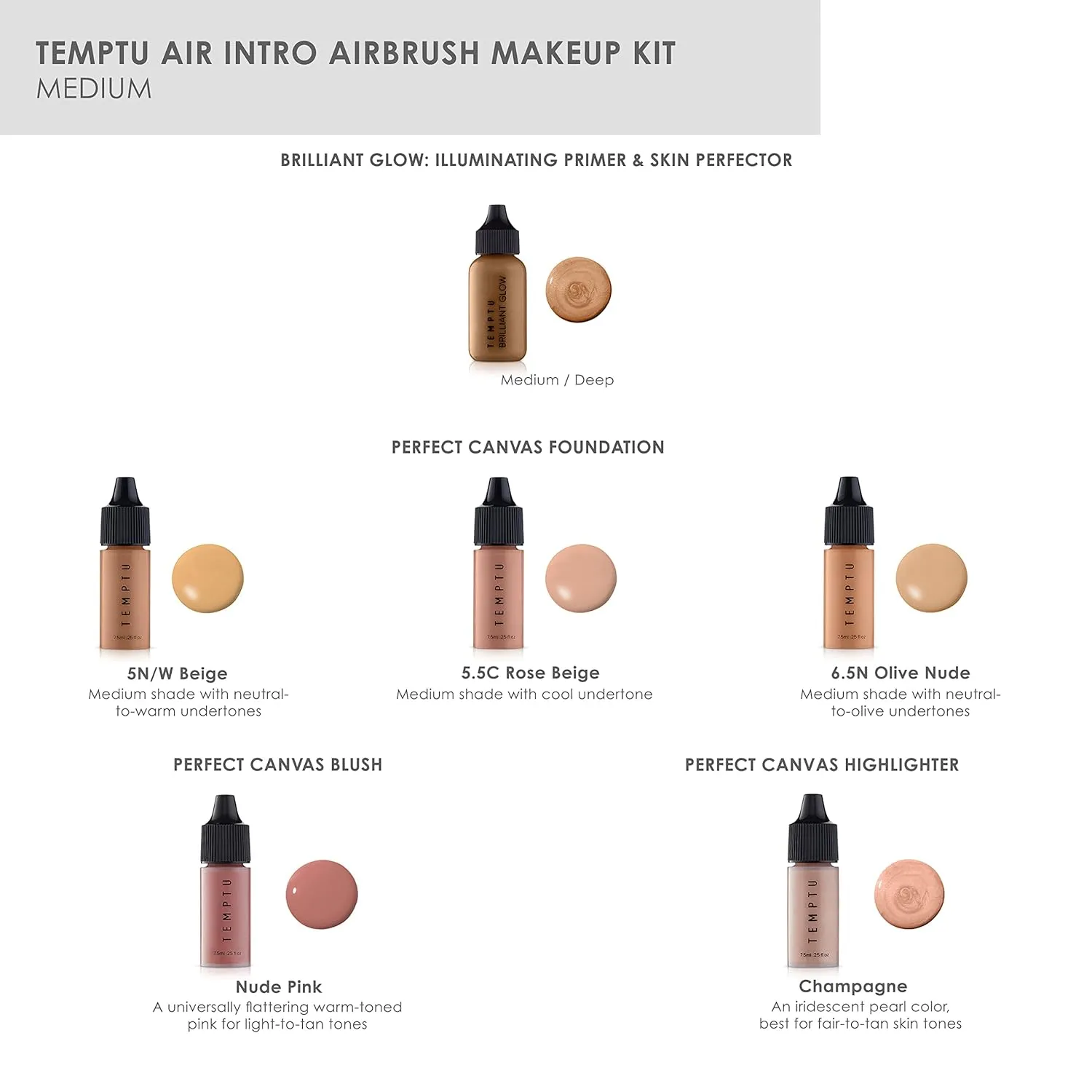 TEMPTU Air Intro Airbrush Makeup Kit: 9-Piece Set Includes Cordless Device, Refillable Makeup Cartridge, 3 Perfect Canvas Semi-Matte Foundations, Primer, Blush, Highlighter & Cleaner