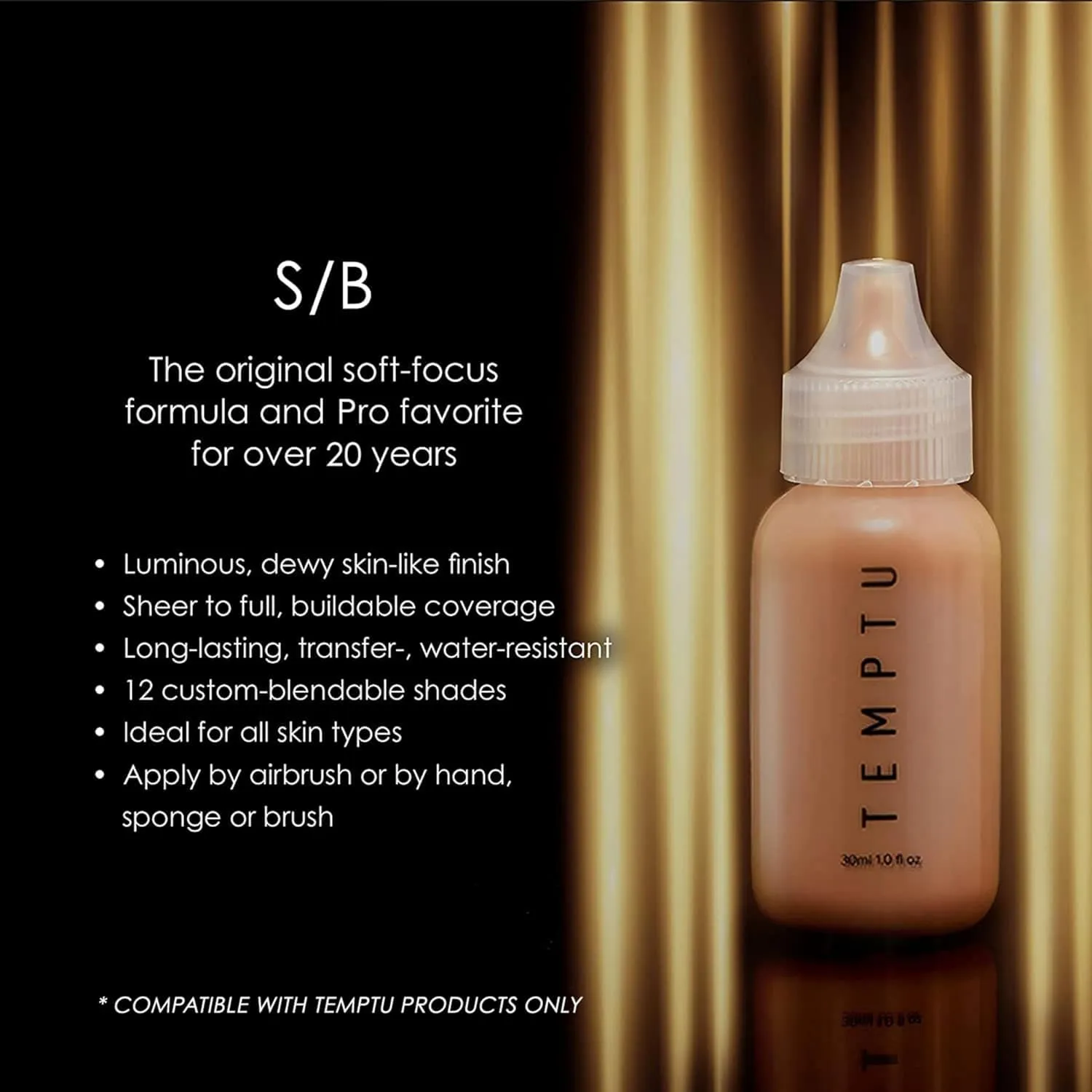 TEMPTU S/B Silicone-Based Airbrush Foundation: Professional Long-Wear Liquid Makeup, Sheer To Full Coverage For A Hydrated, Healthy-Looking Glow & Luminous, Dewy Finish On All Skin Types, 006 Toffee, 0.25 Fl Oz