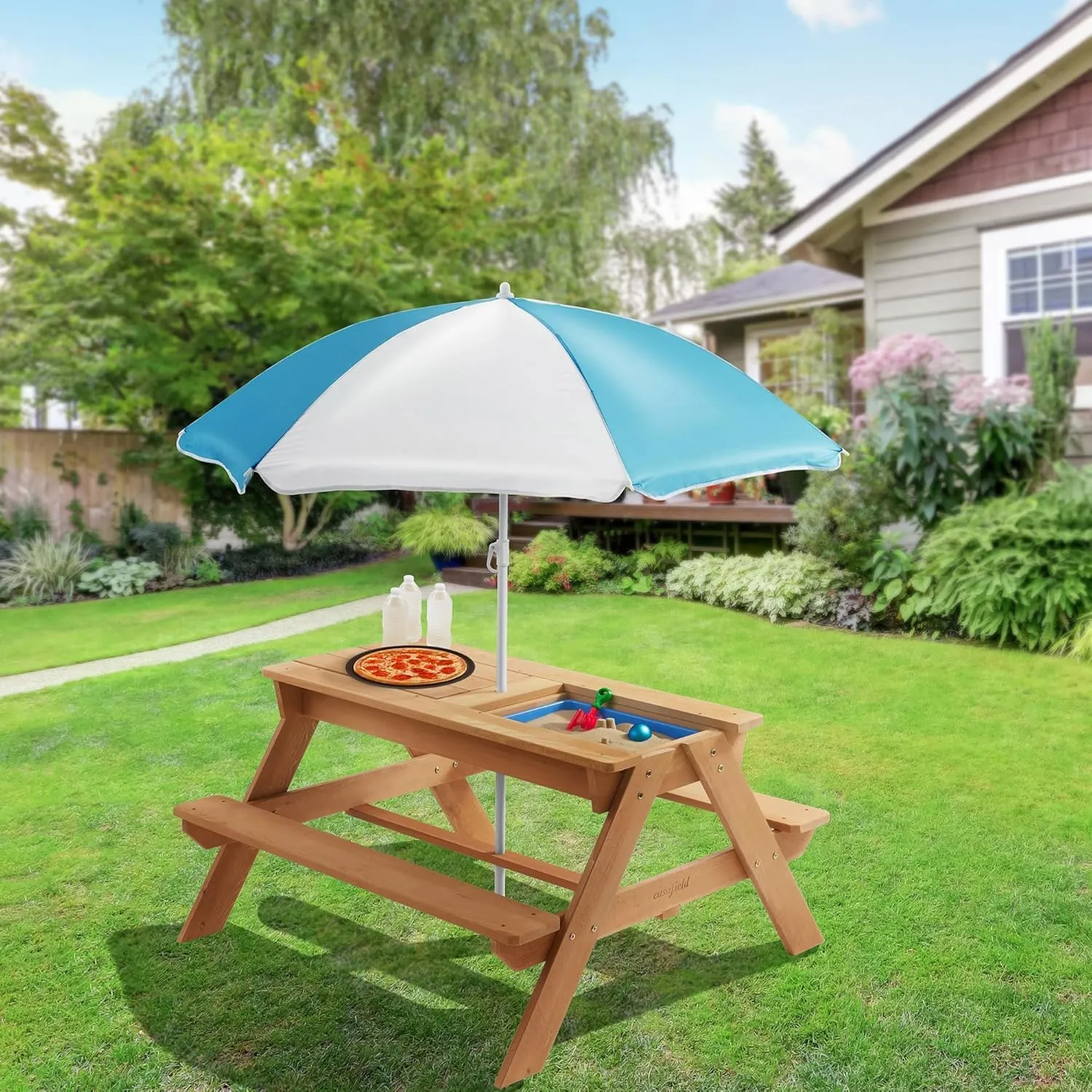 The Three-in-one Multi-Functional Outdoor Wooden Picnic Table and Sunshade Umbrella Integrate The Functions of a Picnic, Sand and Water Games, and an Activity Table. Picnic, Garden, Balcony. (Brown)