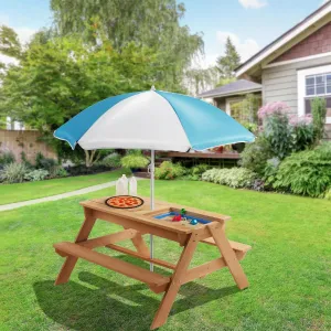The Three-in-one Multi-Functional Outdoor Wooden Picnic Table and Sunshade Umbrella Integrate The Functions of a Picnic, Sand and Water Games, and an Activity Table. Picnic, Garden, Balcony. (Brown)