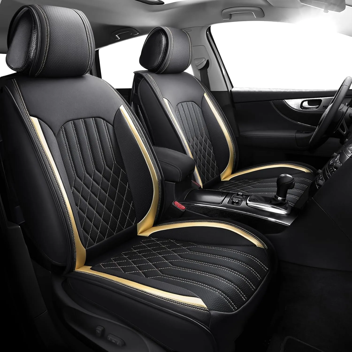 Tomatoman Synthetic Leather Car Seat Covers Compatible with Infiniti FX37 Waterproof Dustproof Easy to Install Airbag Compatible‌(Full Set/Black Gold)