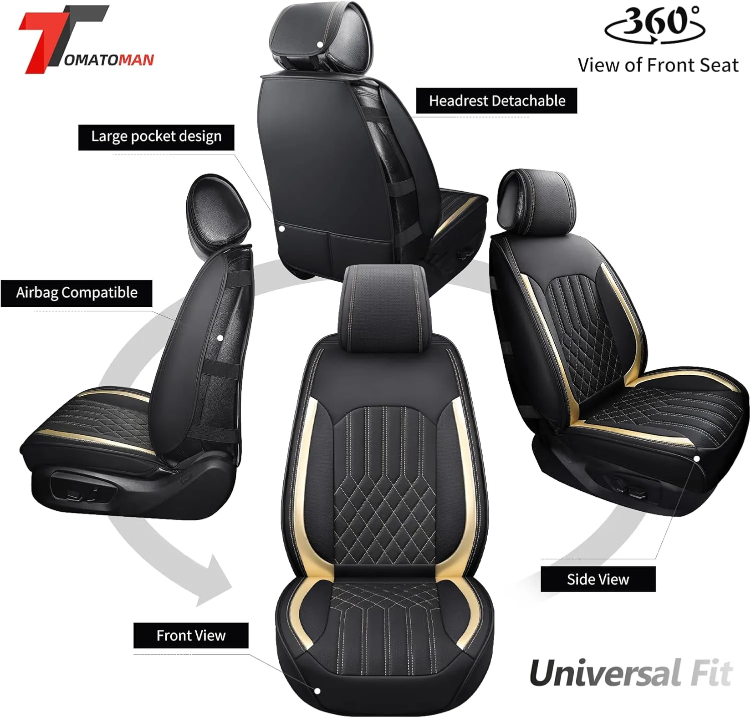 Tomatoman Synthetic Leather Car Seat Covers Compatible with Infiniti FX37 Waterproof Dustproof Easy to Install Airbag Compatible‌(Full Set/Black Gold)