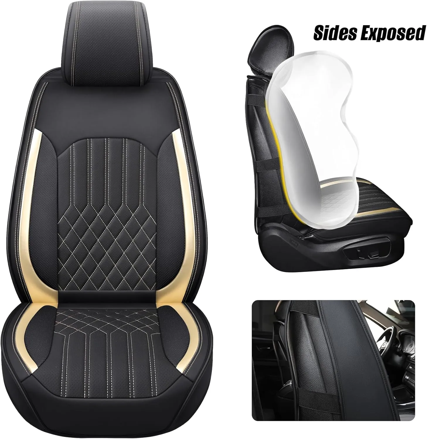 Tomatoman Synthetic Leather Car Seat Covers Compatible with Infiniti FX37 Waterproof Dustproof Easy to Install Airbag Compatible‌(Full Set/Black Gold)