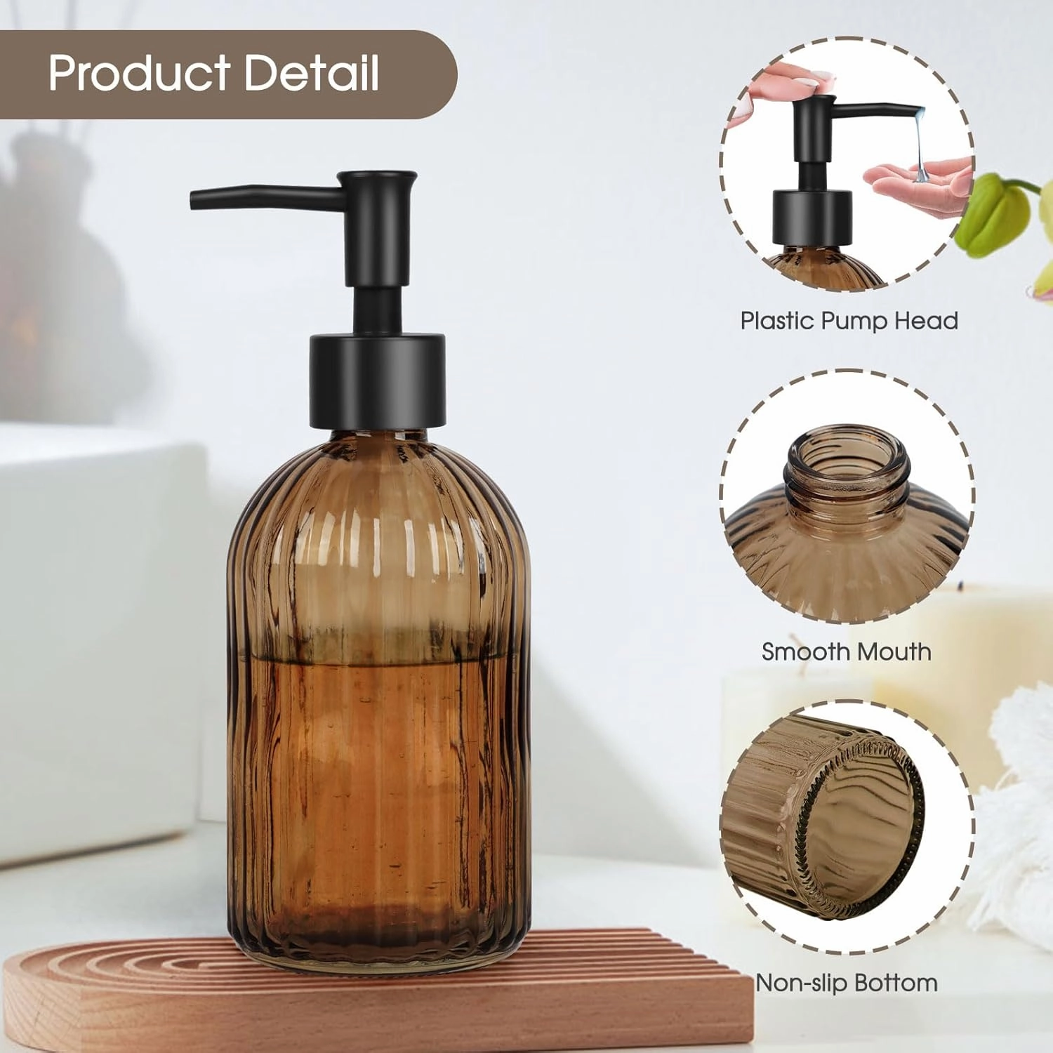 Topsky 2 Pack Glass Soap Dispenser with Black Plastic Pump, 400ml Liquid Hand Soap Dispenser, Rustproof Pump for Kitchen & Bathroom, Great for Lotions, Essential Oil, Liquid Soaps-Amber