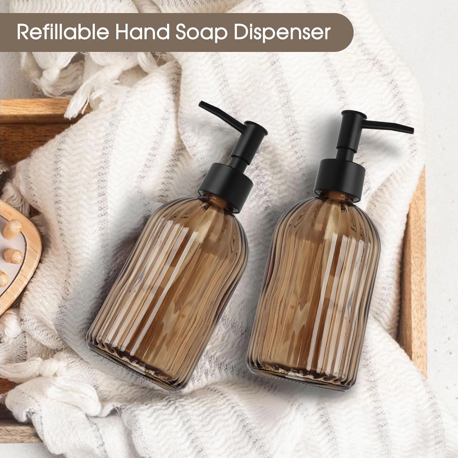 Topsky 2 Pack Glass Soap Dispenser with Black Plastic Pump, 400ml Liquid Hand Soap Dispenser, Rustproof Pump for Kitchen & Bathroom, Great for Lotions, Essential Oil, Liquid Soaps-Amber