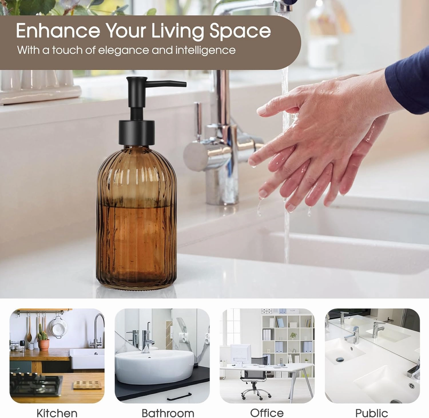 Topsky 2 Pack Glass Soap Dispenser with Black Plastic Pump, 400ml Liquid Hand Soap Dispenser, Rustproof Pump for Kitchen & Bathroom, Great for Lotions, Essential Oil, Liquid Soaps-Amber