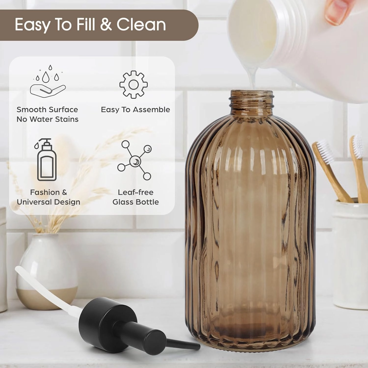Topsky 2 Pack Glass Soap Dispenser with Black Plastic Pump, 400ml Liquid Hand Soap Dispenser, Rustproof Pump for Kitchen & Bathroom, Great for Lotions, Essential Oil, Liquid Soaps-Amber