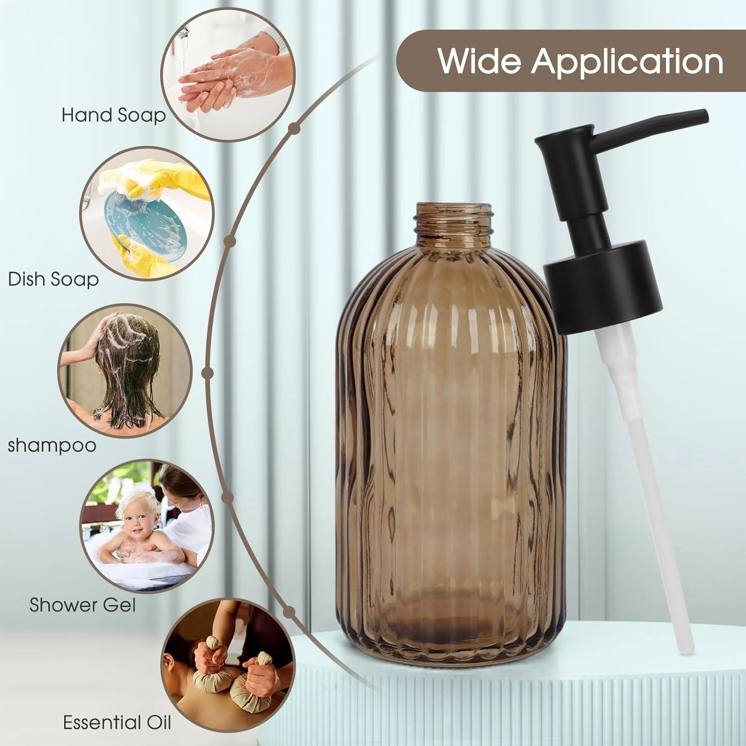 Topsky 2 Pack Glass Soap Dispenser with Black Plastic Pump, 400ml Liquid Hand Soap Dispenser, Rustproof Pump for Kitchen & Bathroom, Great for Lotions, Essential Oil, Liquid Soaps-Amber