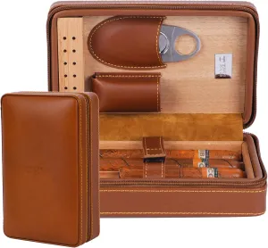 Travel Leather Cigar Case Premium Cedar Wood and Brown Leather Cigar Humidor - Cigar Cutter, Humidifier, Portable Cigar Box - Classical Cigar Case for Gentlemen Groomsmen Gift, Birthday Gift