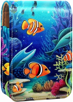 Travel Lipstick Organizer Case,Lipstick Case Portable Makeup Bag With Mirror,Coral Underwater Ocean Fish
