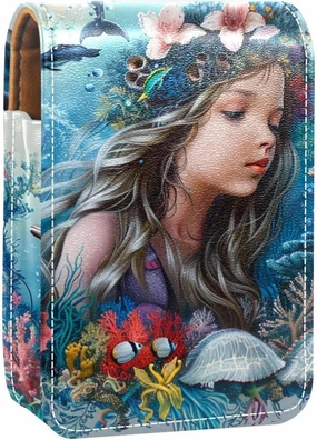 Travel Lipstick Organizer Case,Lipstick Case Portable Makeup Bag With Mirror,Dolphin Mermaid Undersea Coral