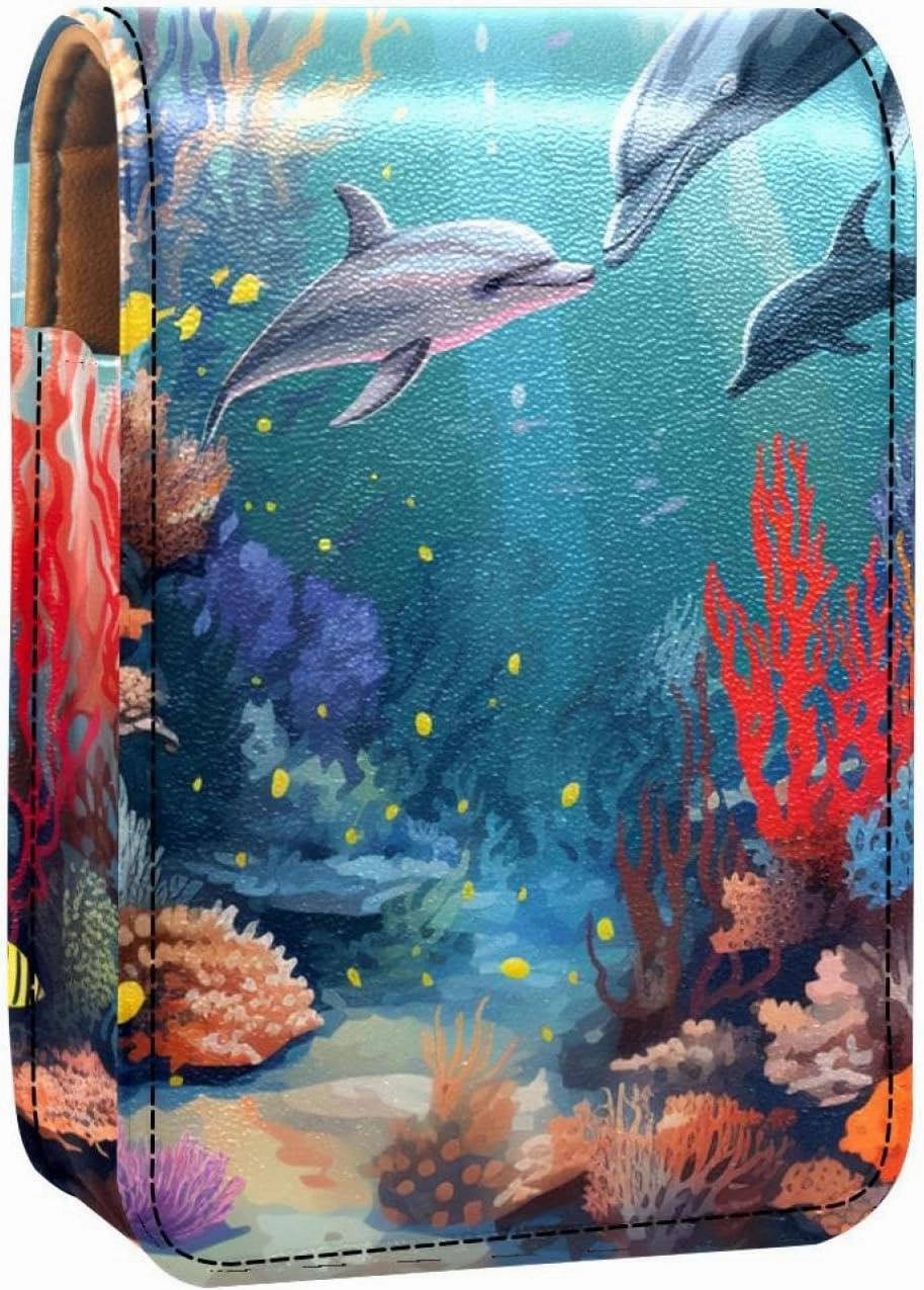 Travel Lipstick Organizer Case,Lipstick Case Portable Makeup Bag With Mirror,Dolphins Fish Ocean Coral