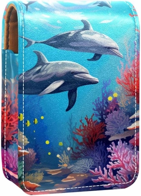 Travel Lipstick Organizer Case,Lipstick Case Portable Makeup Bag With Mirror,Dolphins Fish Ocean Coral