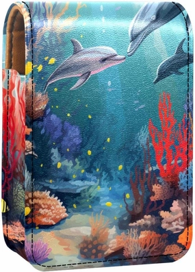 Travel Lipstick Organizer Case,Lipstick Case Portable Makeup Bag With Mirror,Dolphins Fish Ocean Coral