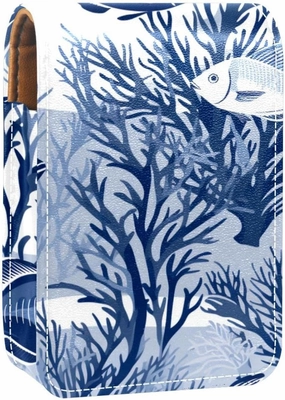 Travel Lipstick Organizer Case,Lipstick Case Portable Makeup Bag With Mirror,Fishes Seagrass Coral