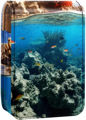 Travel Lipstick Organizer Case,Lipstick Case Portable Makeup Bag With Mirror,Sea Stone Coral Fish Ocean