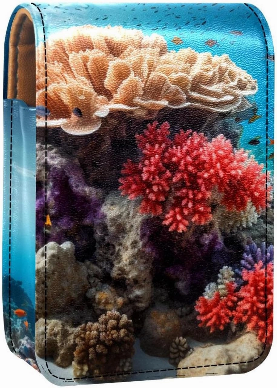 Travel Lipstick Organizer Case,Lipstick Case Portable Makeup Bag With Mirror,Sea Stone Coral Fish Ocean