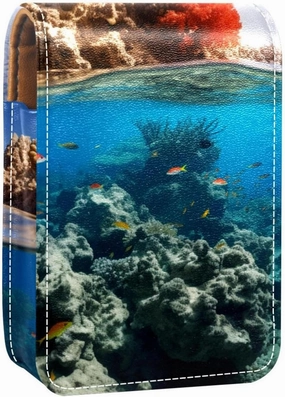 Travel Lipstick Organizer Case,Lipstick Case Portable Makeup Bag With Mirror,Sea Stone Coral Fish Ocean