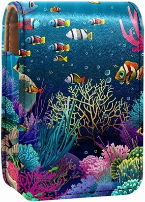 Travel Lipstick Organizer Case,Lipstick Case Portable Makeup Bag With Mirror,Undersea Fish Coral Ocean