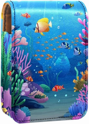 Travel Lipstick Organizer Case,Lipstick Case Portable Makeup Bag With Mirror,Undersea Fish Coral Ocean