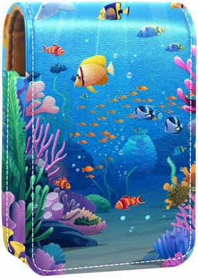 Travel Lipstick Organizer Case,Lipstick Case Portable Makeup Bag With Mirror,Undersea Fish Coral Ocean
